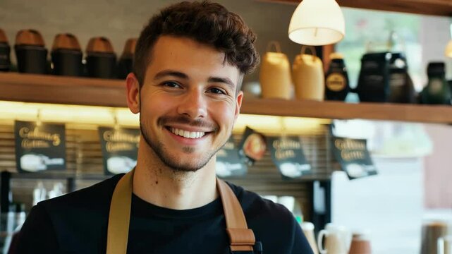 Friendly smiling young man barista working at cozy cafe counter under warm lighting. concept of hospitality, customer service, coffee culture, welcoming atmosphere, modern coffee shop
