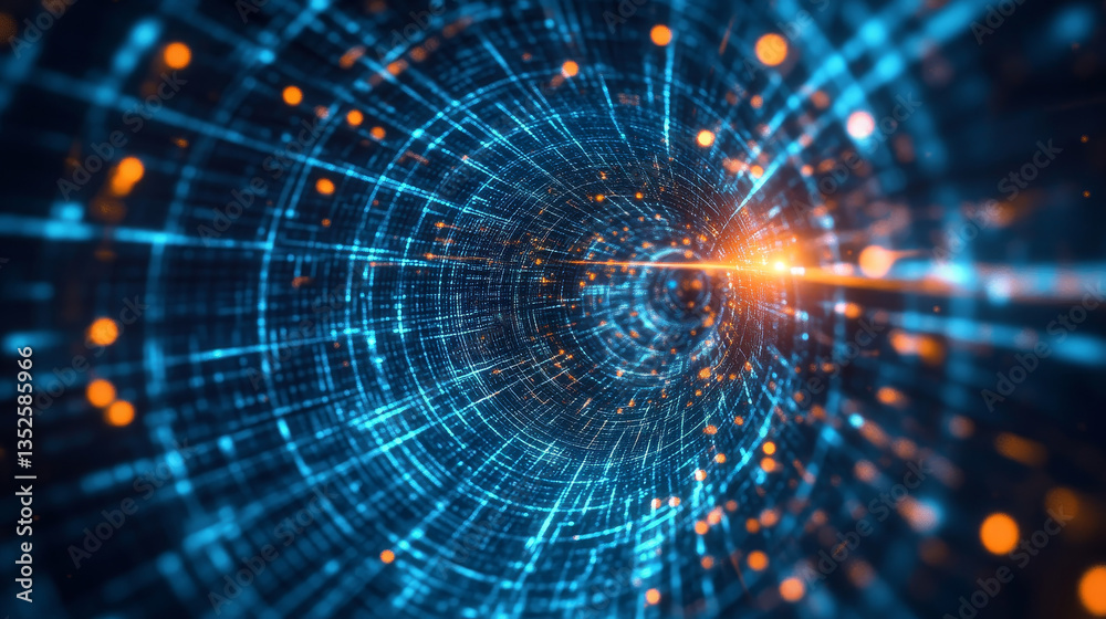 Poster tunnel sci-fi digital cyberspace, digital data network and blockchain connections. technology digita