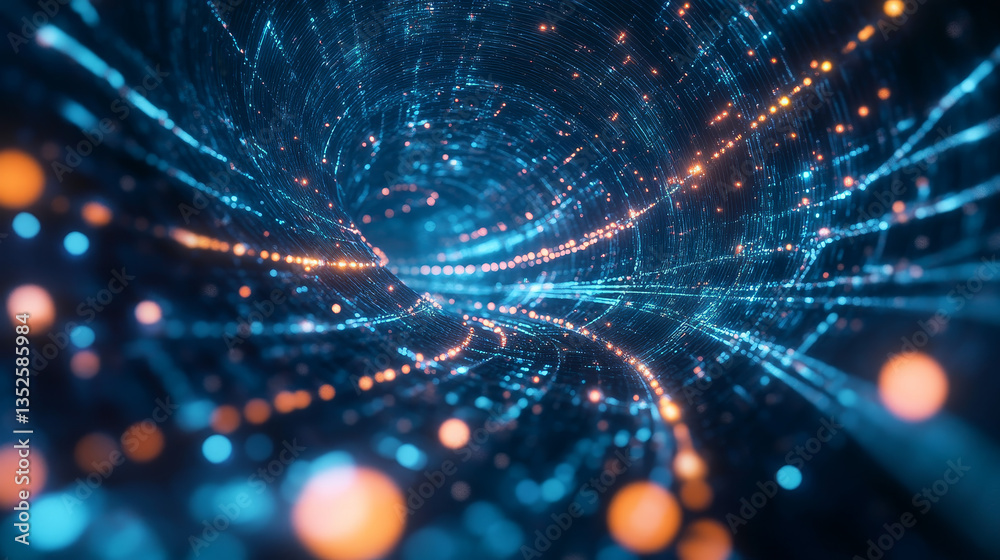 Poster tunnel sci-fi digital cyberspace, digital data network and blockchain connections. technology digita