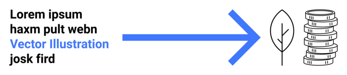 Arrow points from abstract text block to a leaf and stacked coins, symbolizing innovation, sustainability, and financial growth. Ideal for eco-finance, innovation, progress, sustainability