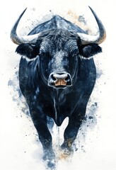 Naklejka premium A dark imposing bull with powerful horns looking forward intently