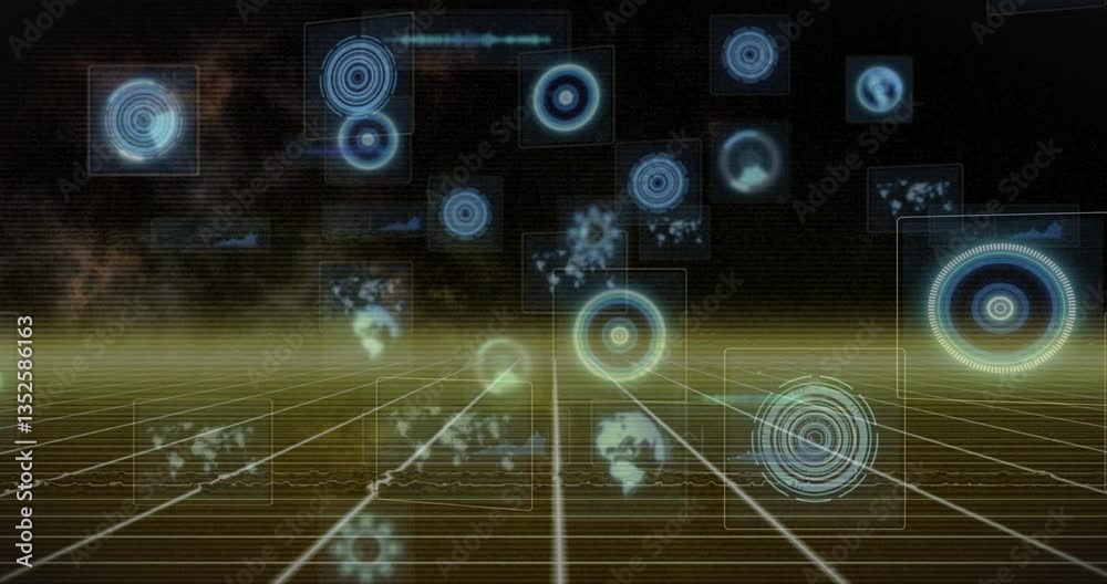 Poster animation of futuristic digital interface with glowing circular patterns in school
