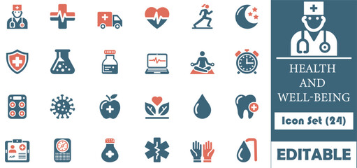 Fototapeta premium Health and Well-Being Icon Set (24), A clean, minimalist collection of icons representing healthcare, fitness, wellness, nutrition, and more. Ideal for health-focused projects.
