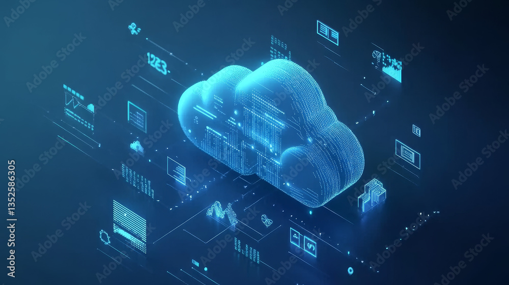 Poster cloud and edge computing technology concepts with cybersecurity protection. there is a prominent lar