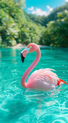 Fototapeta premium A portrait of a pink flamingo wading in crystal-clear turquoise water, with a tropical island backdrop featuring palm