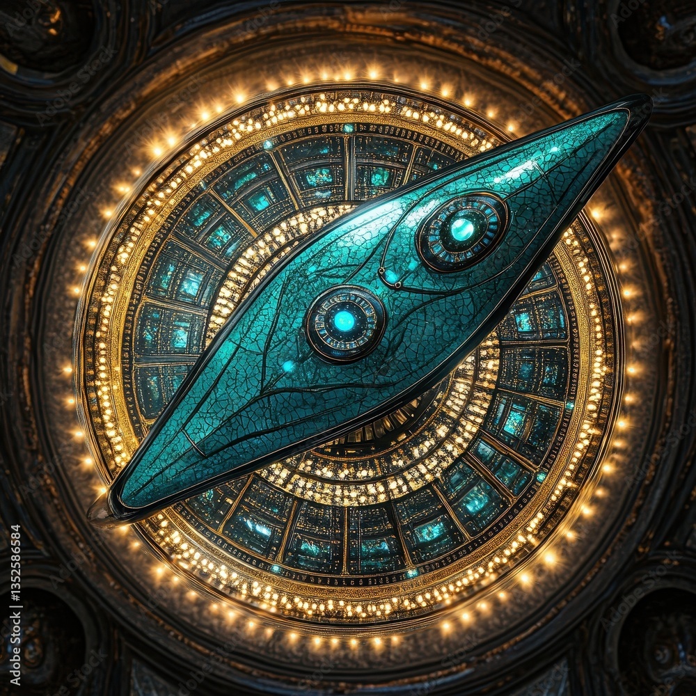 Wall mural a metallic teal object resting atop a detailed circular structure
