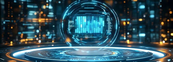 A floating digital podium, displaying holographic data streams in a sci-fi environment