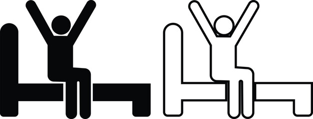 Sleeping man get up in morning and sitting on bed icon in flat, line set. isolated on transparent background