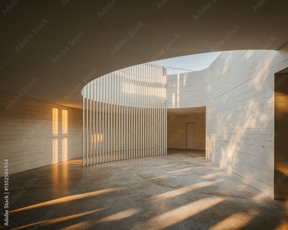 Poster sunlit minimalist interior showcasing curved walls, slatted partition and concrete floor. clean line