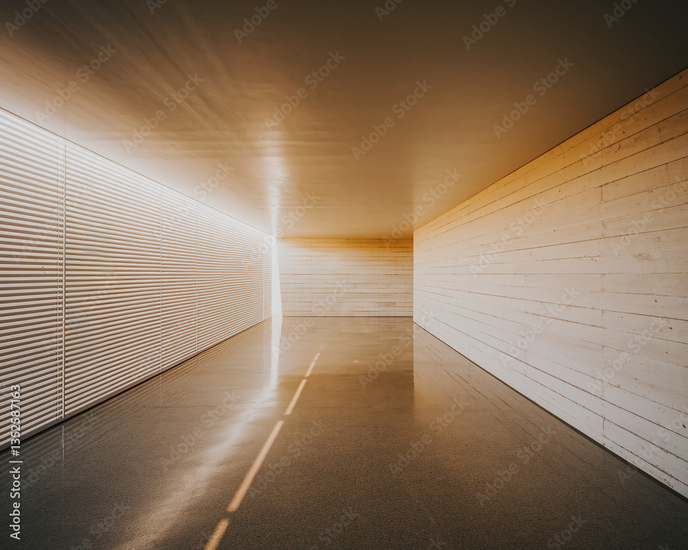 Poster empty corridor with wooden walls and blinds, sunlit floor showcasing minimalist architecture, repres