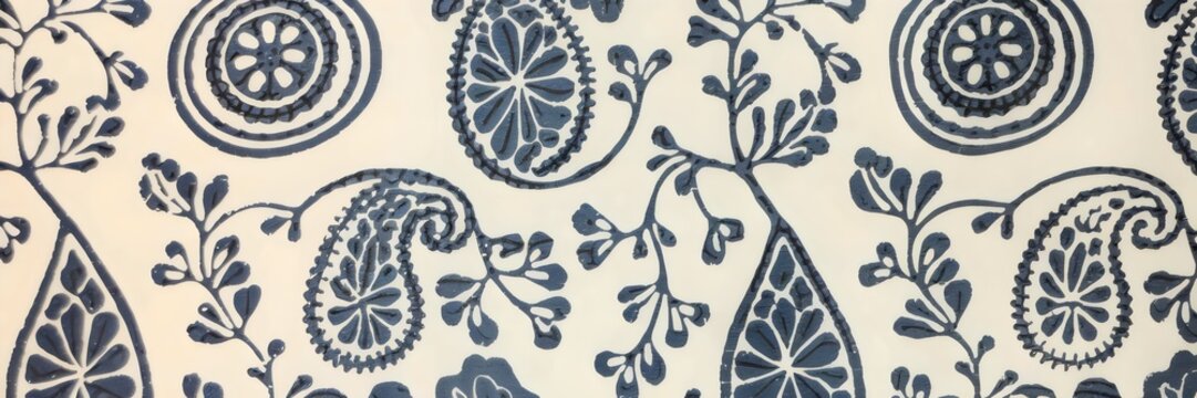 Block-printed fabric with a simple paisley pattern on a soft white background &ndash; Ideal for textile design inspiration, vintage fashion, or home decor branding.