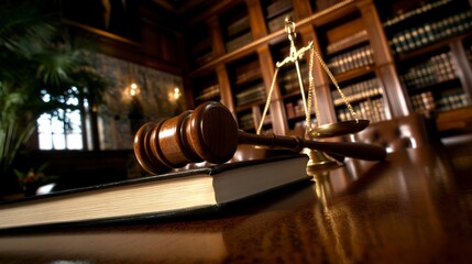 Justice, Law, and Legal System: Gavel, Scales, and Books in a Courtroom Library