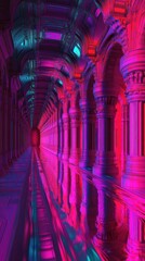 Fototapeta premium A long hallway features columns and reflects bright vibrant colors