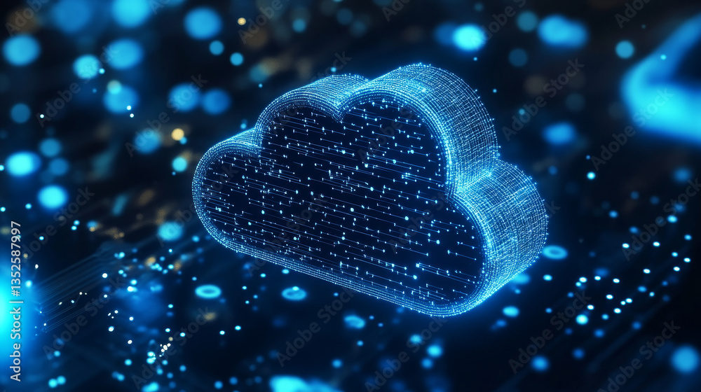 Poster cloud computing technology database storage security concept backup transfer. there is a large cloud