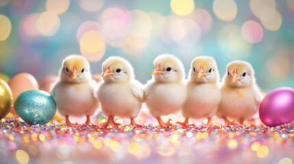 Five cute yellow chicks among glitter eggs and colorful festive bokeh confetti.
