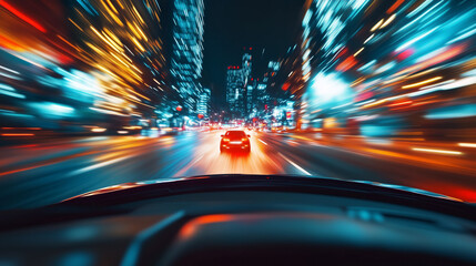 first person view, car driving at high speed through night city, motion blur
