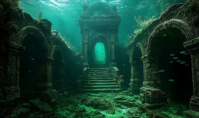 Underwater ruins of an ancient structure with fish swimming around, showcasing marine life and tranquility