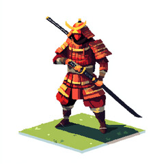 Pixel Art Samurai Warrior Standing with Sword on Green Grass