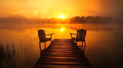 Naklejka premium Misty sunrise over calm lake, two chairs on wooden dock.