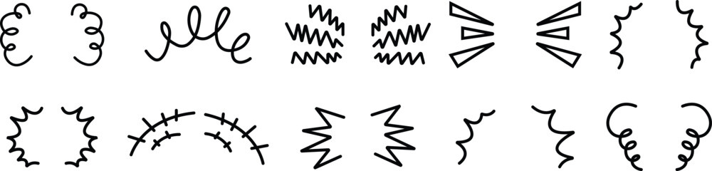 Doodle shine sunburst sparkle ray icon in flat, line set. isolated on transparent background