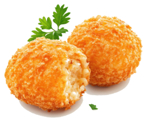 Two golden fried food balls with garnish on white background