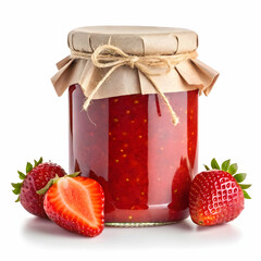 Jar of Fresh Strawberry Jam with Ripe Strawberries on White Background