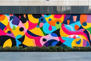 An energetic, vibrant mural in a modern city setting, with abstract colors and shapes. The mural adds a pop of creativity and urban flair to the scene, capturing the essence of contemporary art.  