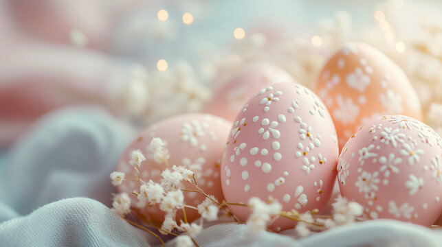 AI-generated illustration of pastel pink Easter eggs decorated with white floral patterns, arranged on soft fabric with delicate lighting. Ideal for seasonal greeting cards and elegant holiday designs