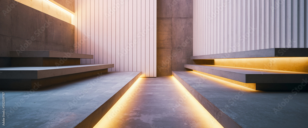 Poster concrete steps with warm yellow led lighting, creating a minimalist and modern display showcasing fr