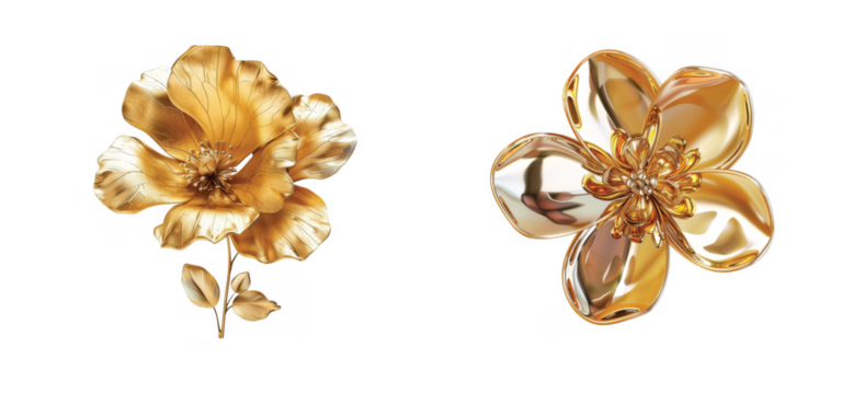 Elegant golden flowers with detailed petals and shiny reflections in minimalist style