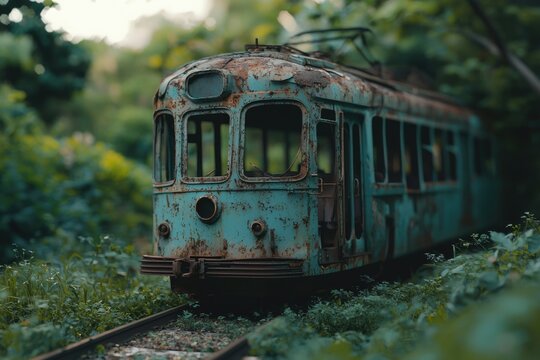 A rusty, abandoned teal train car sits overgrown by vegetation on a forgotten railway track.
