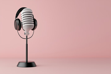 Microphone and headphones on pink isolated background.
Copy and text space
