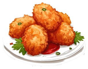 A plate of fried golden chicken nuggets with sauce and herbs