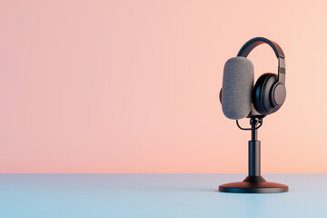Microphone and headphones on pink isolated background.
Copy and text space