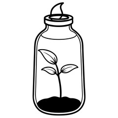 A silhouette vector of a sprout emerging from a seed inside a glass bottle filled with water.