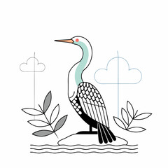 Fototapeta premium Serpentine Cormorant: A serene illustration of a cormorant with elegant lines, perched gracefully amidst stylized foliage and clouds, representing a bird in nature.