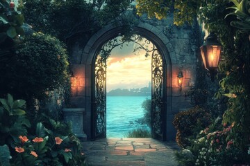 An ornate stone archway opens into a serene seascape view