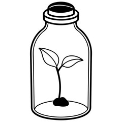 A silhouette vector of a sprout emerging from a seed inside a glass bottle filled with water.