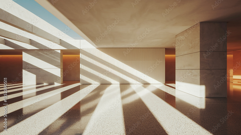 Poster sunlit minimalist interior with beige walls, columns, and floor showcasing interplay of light and sh