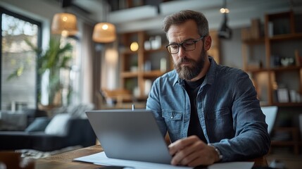 Focused Man Working from Home on Laptop