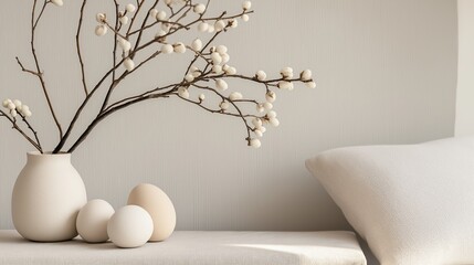 White vase with a bunch of small white flowers in it on a white surface. the vase is made of ceramic and has a round shape with a narrow neck. next to the vase, there are three white eggs.