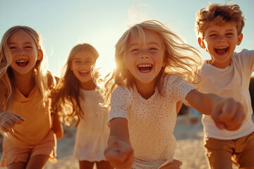 A group of happy children jumping and having fun.
Front view