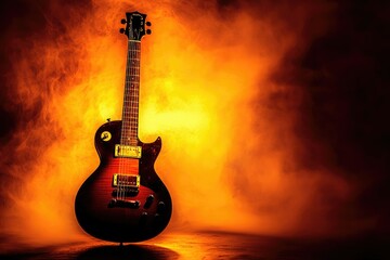 Obraz premium A sunburst electric guitar in a smoky, fiery background, evoking passion and rock music.