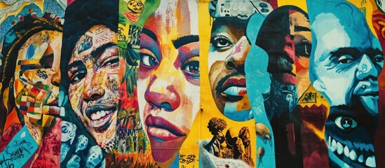 An inclusive mural featuring contributions from artists of diverse backgrounds, celebrating the blend of cultural perspectives. The design combines various artistic styles, showcasing unity and  