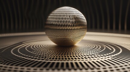 Fototapeta premium A golden sphere rests upon a patterned surface with shadows