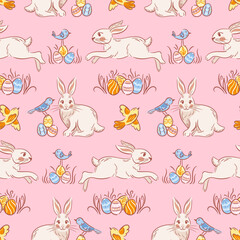 This seamless pattern highlights playful Easter bunnies, joyful birds, and intricately designed eggs, all depicted in a delightful sketch