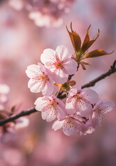 Obraz premium Cherry blossom branches featuring delicate pink flowers against a soft pink background, cherry blossom in spring