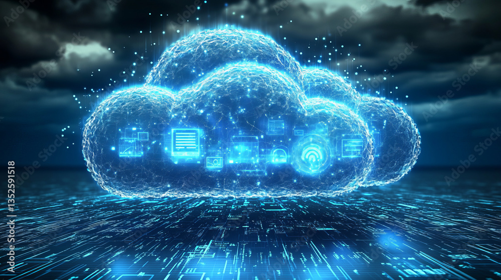 Poster futuristic cloud computing network with glowing digital pathways, representing cloud technology, dat