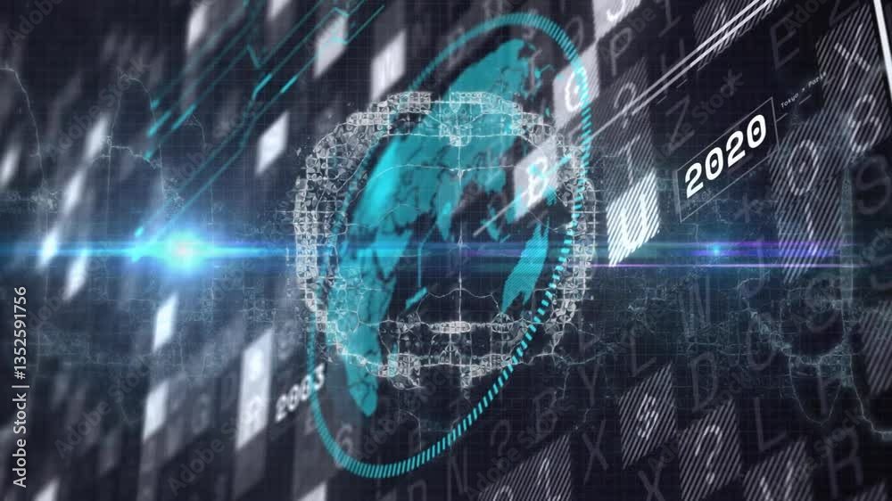 Poster binary code and 2016 text over digital globe with animation in background