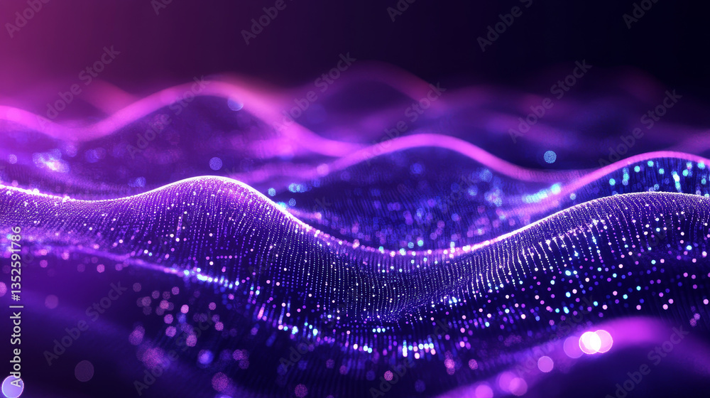 Poster digital cyberspace futuristic, purple color particles wave flowing with lines and dots connection, t